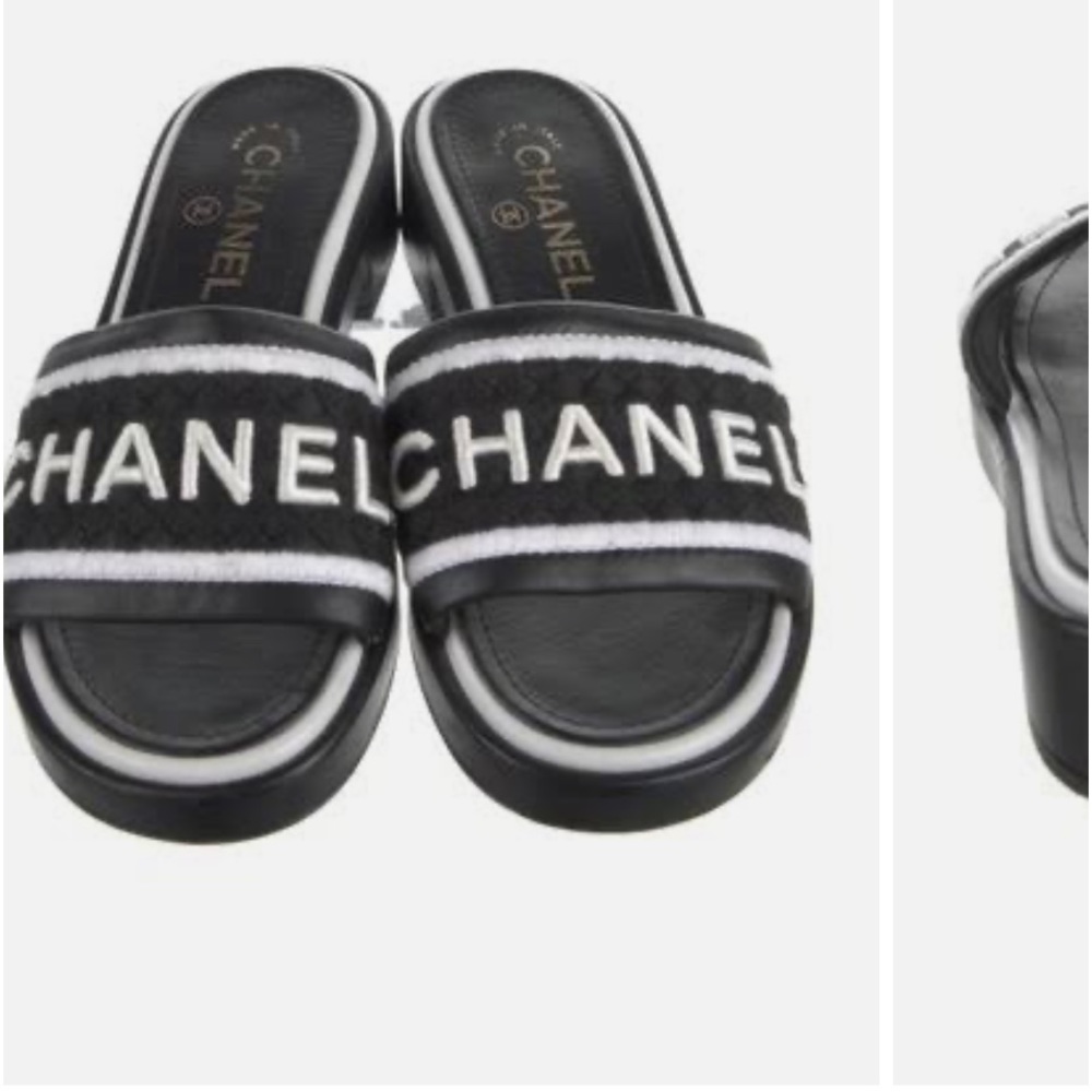Chanel Lambskin Embroidered CC Mule Sandal 37 Black White
